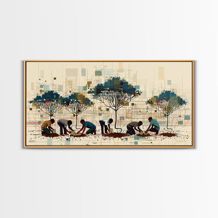 Community Tree Planting Wall Art, African Landscape With Acacia Trees, Modern Afrocentric Print, Cultural Home Decor Gift