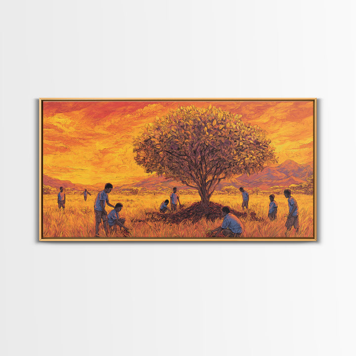Golden Savanna Tree Framed Canvas Print, African Children Landscape, Sunset Safari Art, Warm Cultural Wall Decor Gift Print