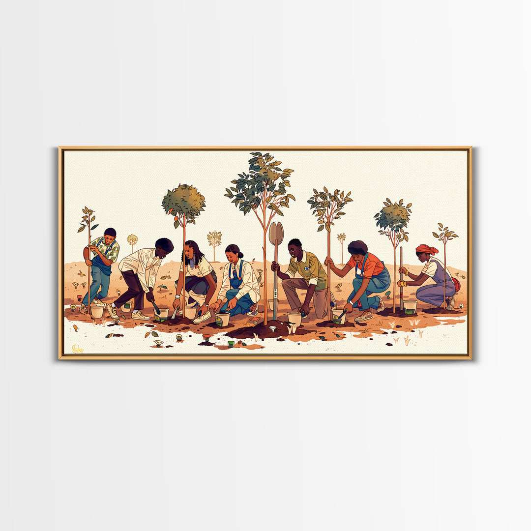 Tree Planting Volunteers Wall Art, African Community Garden Scene, Boho Cultural Artwork, Earth Tone Home Decor Print Gift