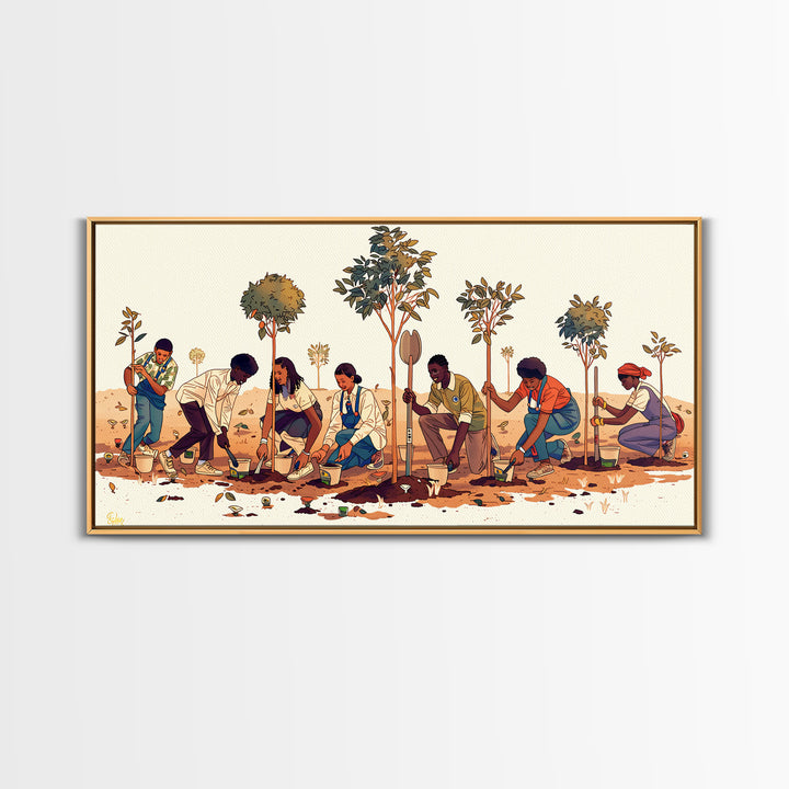 Tree Planting Volunteers Wall Art, African Community Garden Scene, Boho Cultural Artwork, Earth Tone Home Decor Print Gift