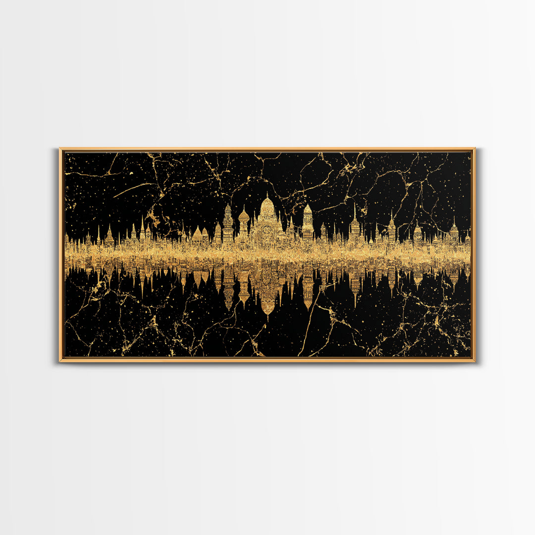 Golden Temple Skyline Reflection Framed Canvas Print, African Inspired Black And Gold Wall Decor, Luxury Statement Art Gift