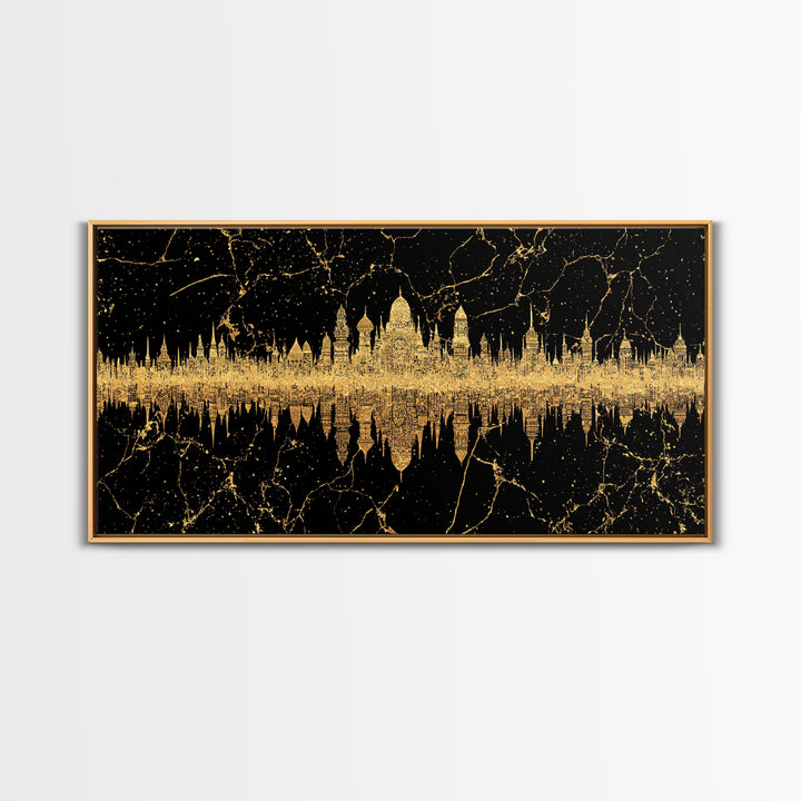 Golden Temple Skyline Reflection Framed Canvas Print, African Inspired Black And Gold Wall Decor, Luxury Statement Art Gift