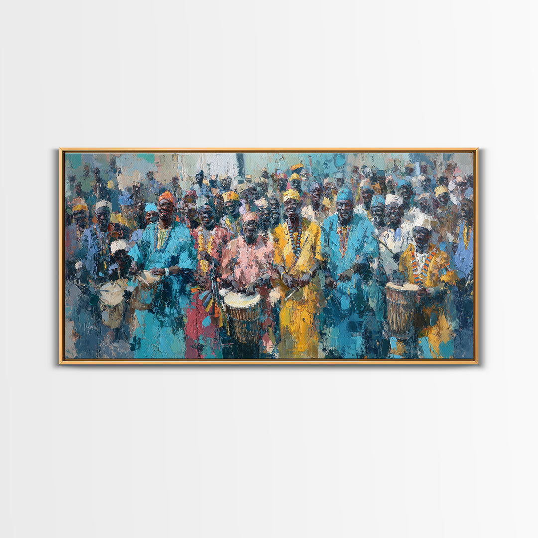 Vibrant African Drumming Procession Framed Canvas Print, Cultural Celebration Wall Decor, Afrocentric Home Decor Gift Art