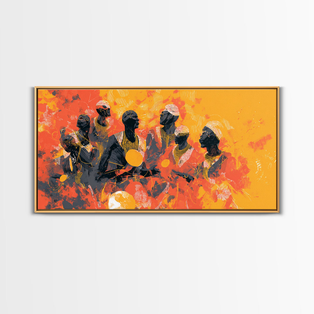 Orange African Drummers Wall Art, Tribal Music Painting, African Women Art, Afrocentric Decor, Cultural Home Decor Canvas Print