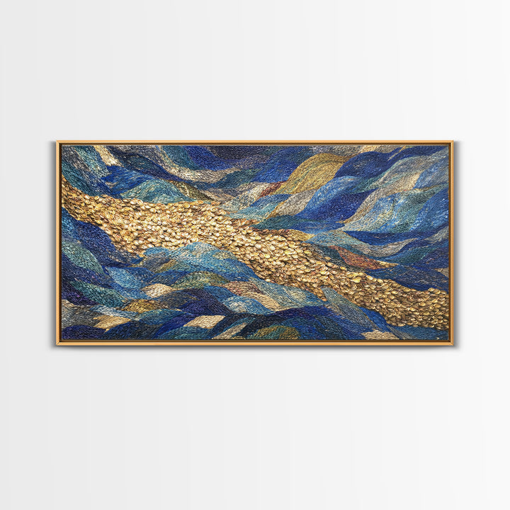Blue Gold River Mosaic Wall Art, African Landscape, Textured Art Print, Coastal Abstract Decor, Modern Large Canvas Print