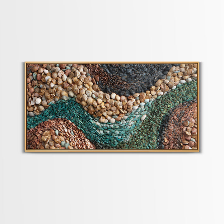 Teal Earth Shell Landscape Wall Art, Textured African Abstract, Boho Wall Decor, Nature Inspired Home Decor Framed Canvas Print