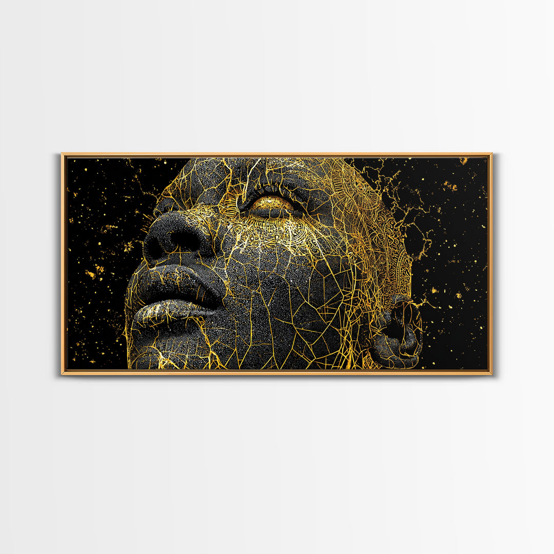 Golden Cracked Black Face Portrait Canvas Print, Abstract African Art, Melanin Artwork, Modern Black Art Decor, Gift For Him