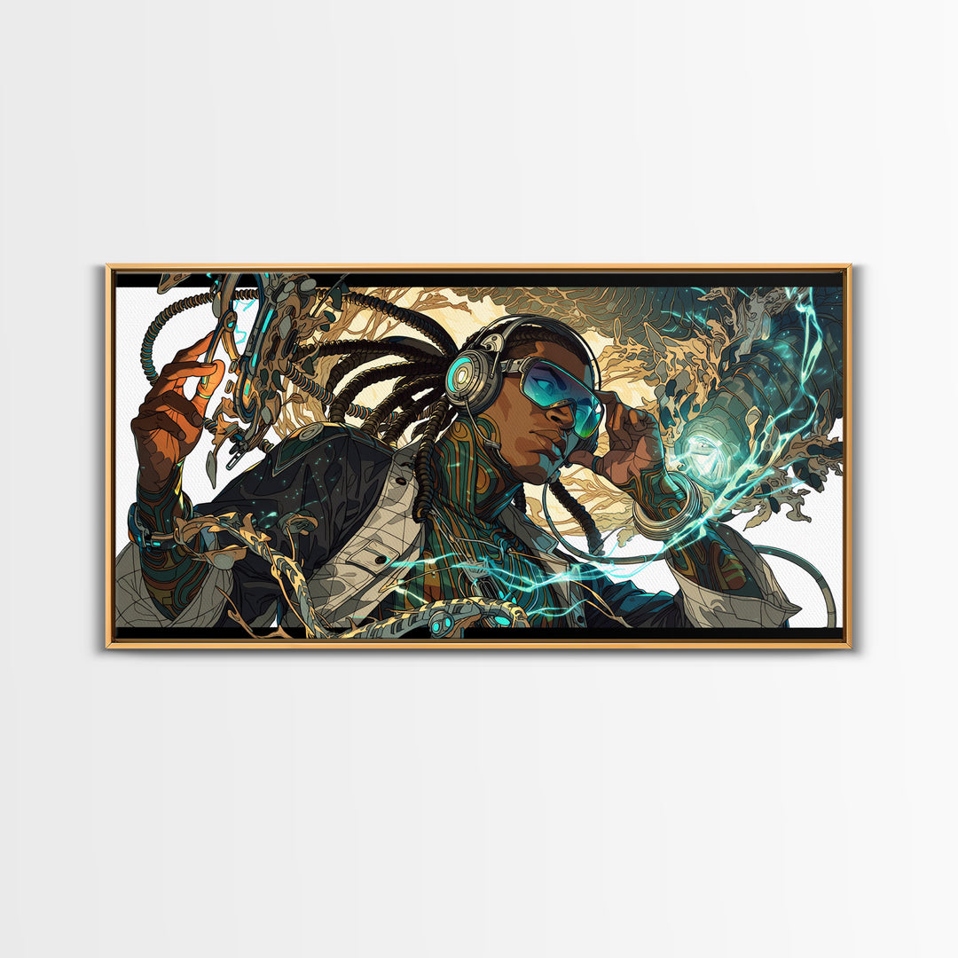 Afrofuturist Black Woman With Headphones Framed Canvas Print, Sci Fi Portrait, Afrocentric Wall Art, Digital Art Decor Gift