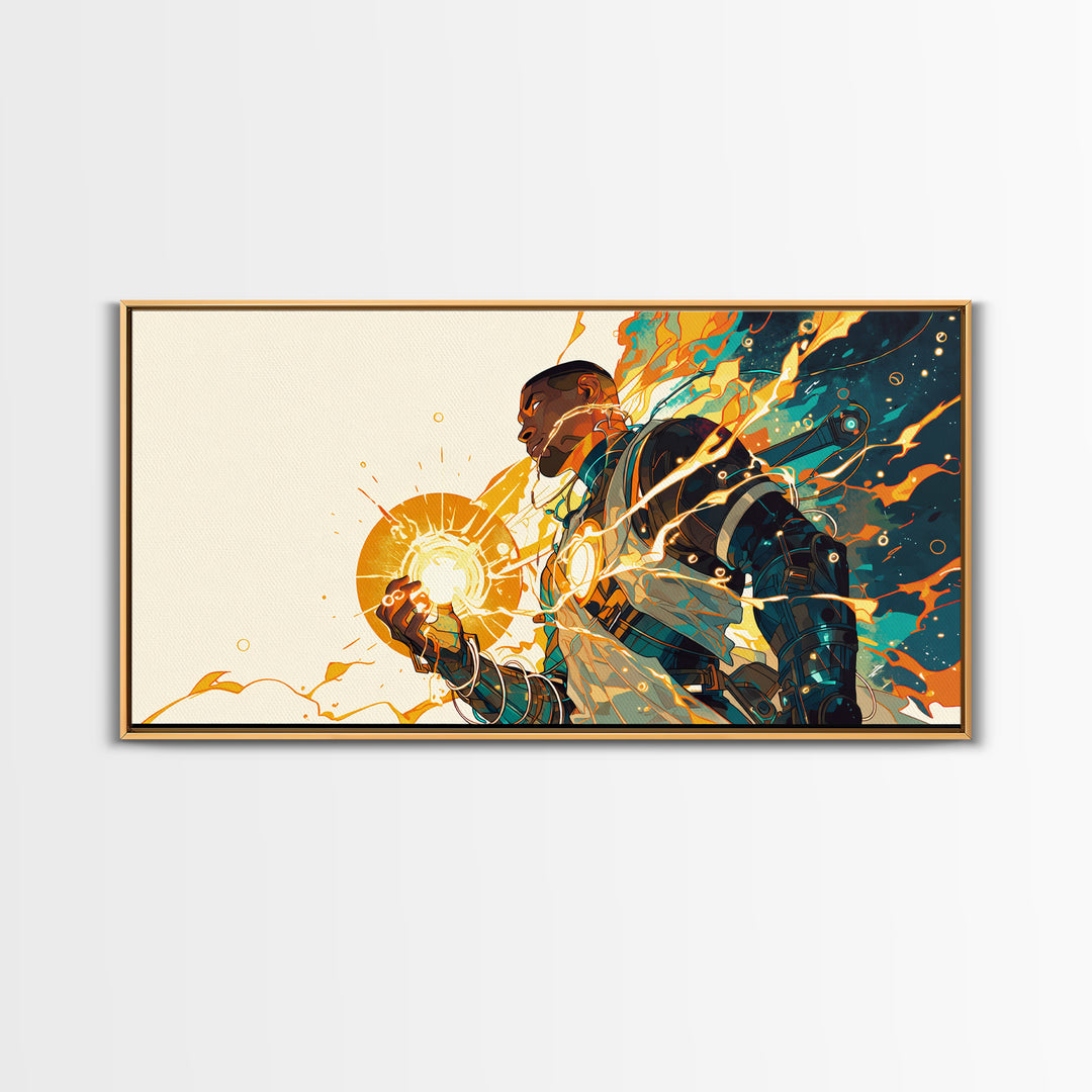 Black Futuristic Warrior Holding Sun Canvas Print, Afrofuturism Decor, Modern African Art, Teal Orange Wall Art Gift For Him