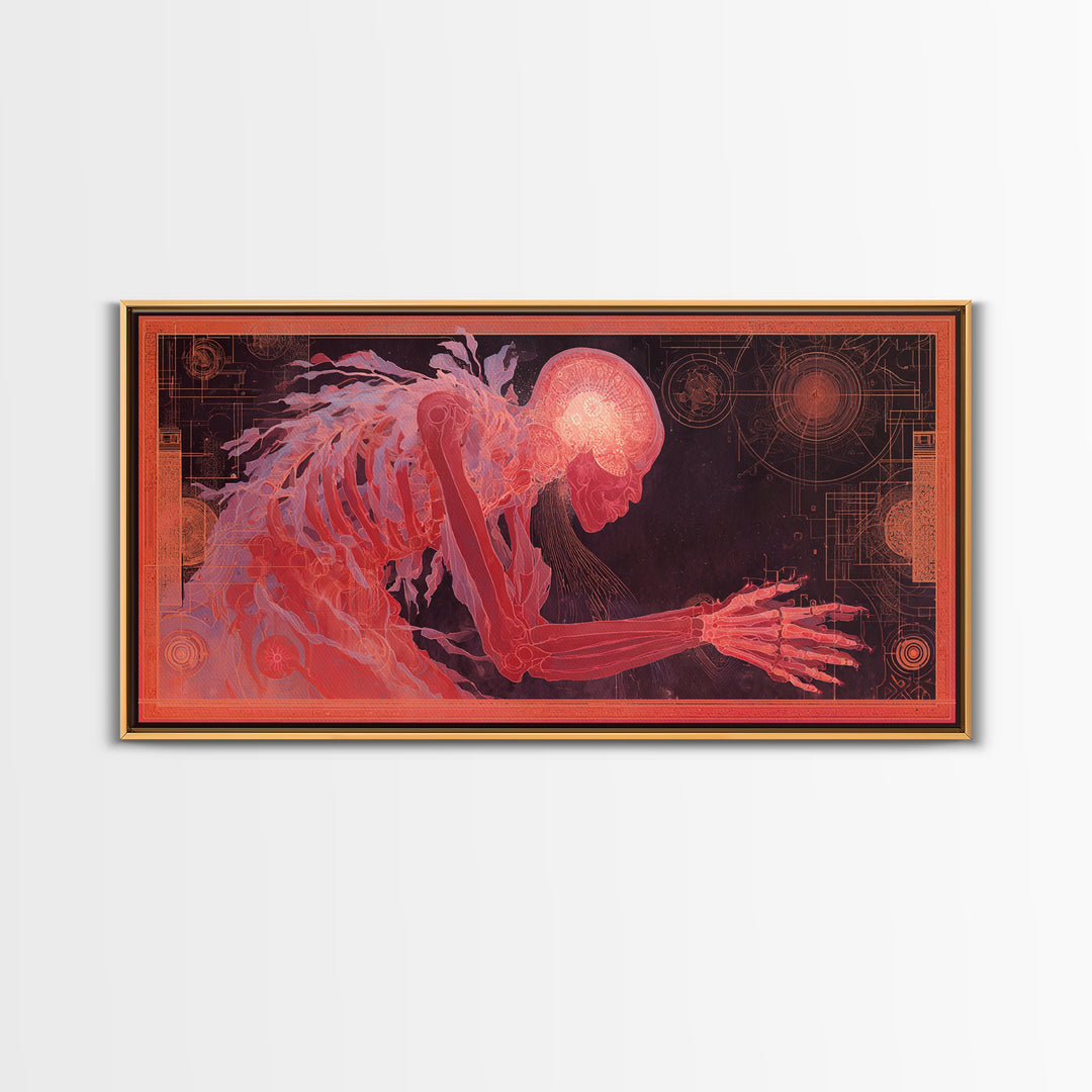 Pink Cybernetic Spirit Skeleton Framed Canvas Print, Futuristic Sci Fi Anatomy Wall Art, Mystical Afrocentric Decor Gift