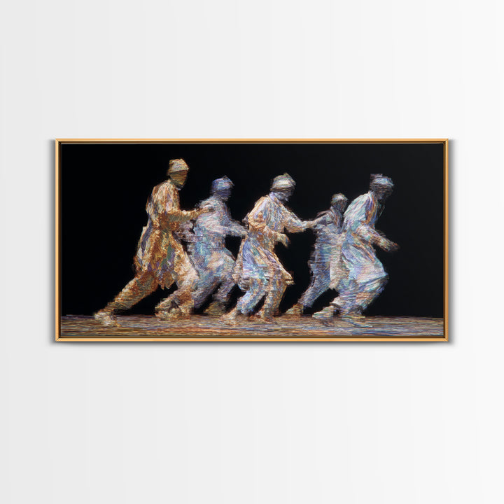 Five Glowing Figures Running On Black Canvas Print, Abstract Motion Wall Art, African Diaspora Art, Modern Home Decor Gift