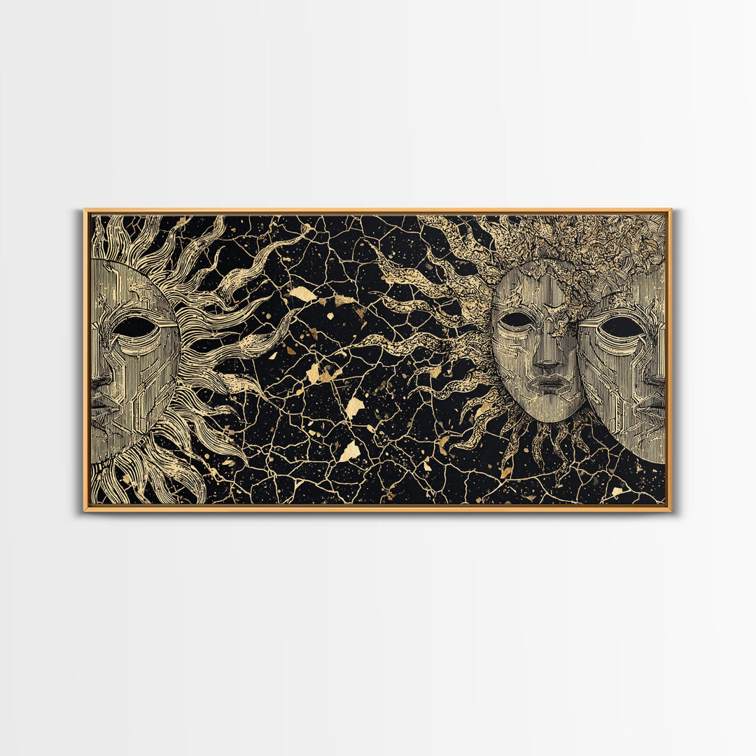 Golden African Masks On Black Abstract Wall Art, Tribal Mask Canvas Print, African Decor, Cultural Home Decor Gift, Statement Piece