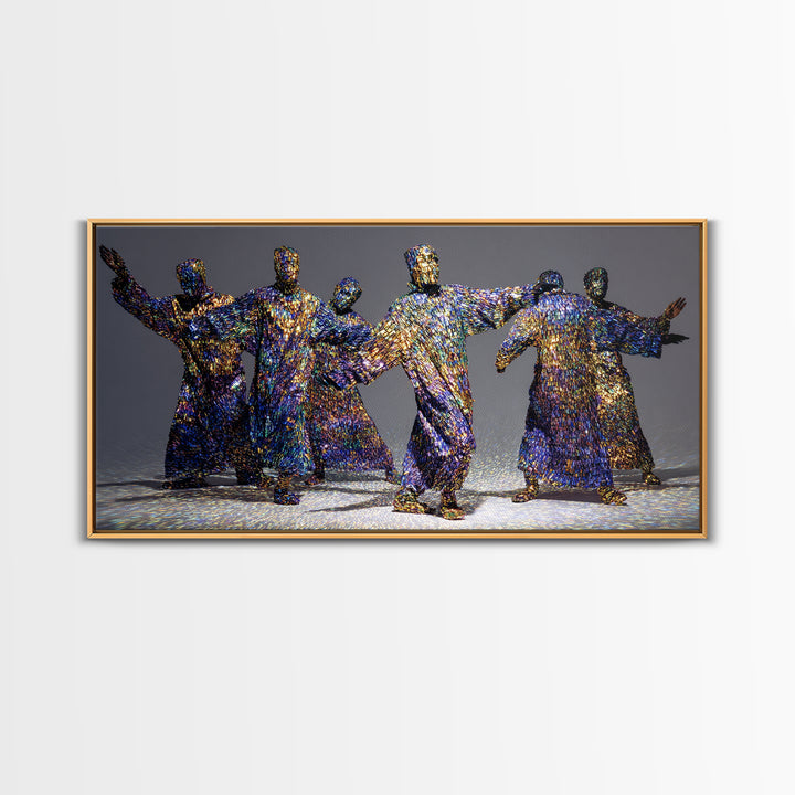 Shimmering Abstract African Figures Dancing Framed Canvas Print, Gold Black Art, Contemporary Afrocentric Wall Decor, Luxury Canvas Art