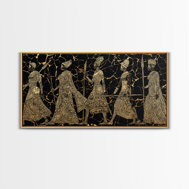 Gold Tribal Women Procession On Black Wall Art, African Patterns, Elegant Cultural Decor, Boho African Canvas Print For Bedroom