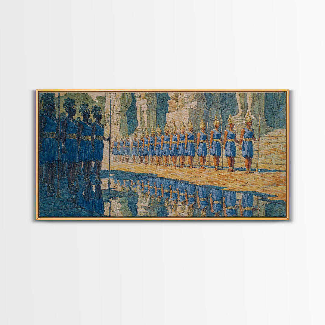 Blue Palace Guard Procession Canvas Print, African Warrior Art, Royal Cultural Wall Decor, Statement Living Room Artwork