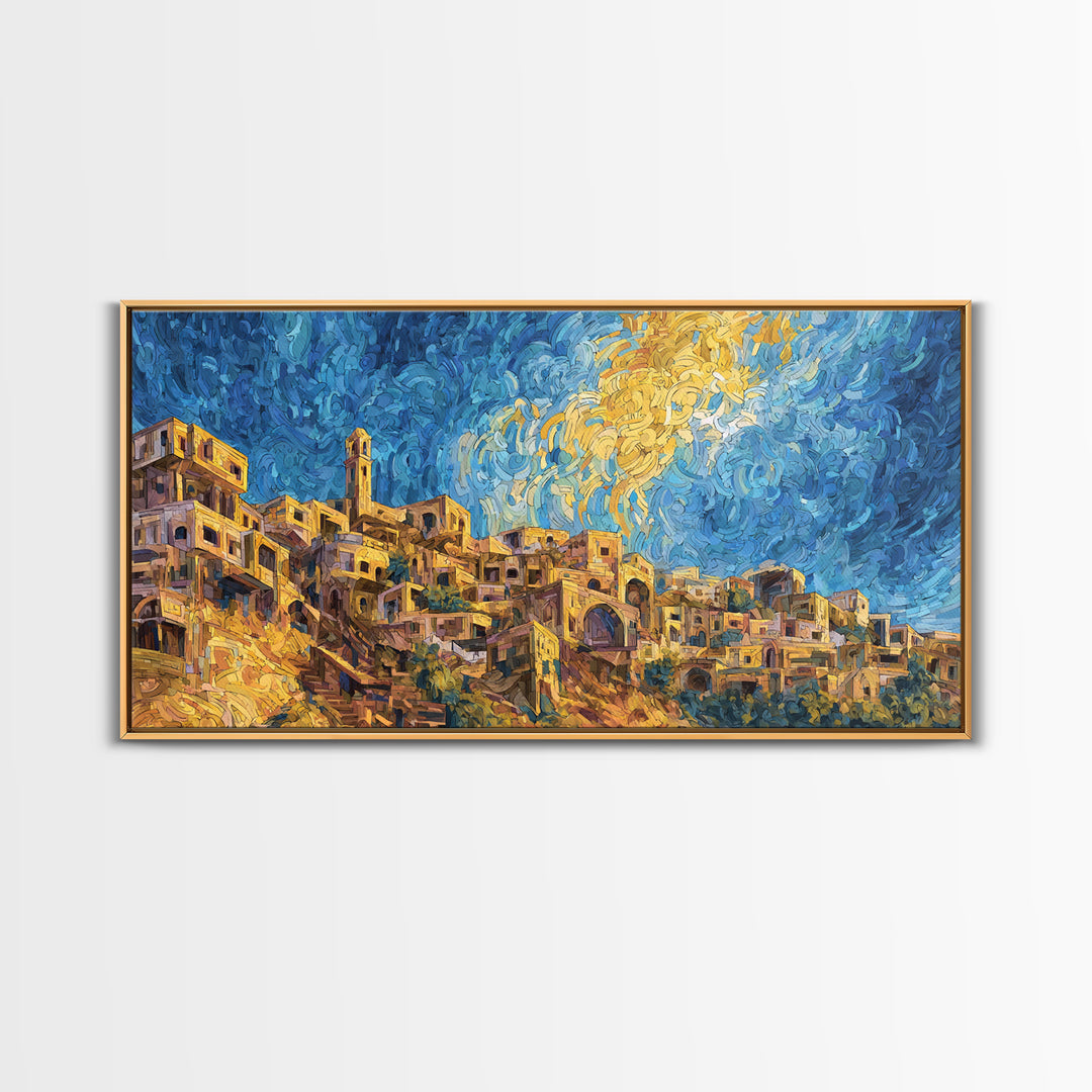 Swirling Sky Desert Village Framed Canvas Print, African Landscape Wall Art, Dreamy Blue Gold Home Decor, Unique Gift Idea