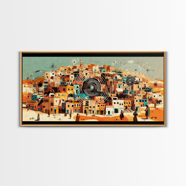 Panoramic Desert City With Circular Motifs Canvas Print, African Landscape, Modern Wall Art, Terracotta Home Decor Gift For Him