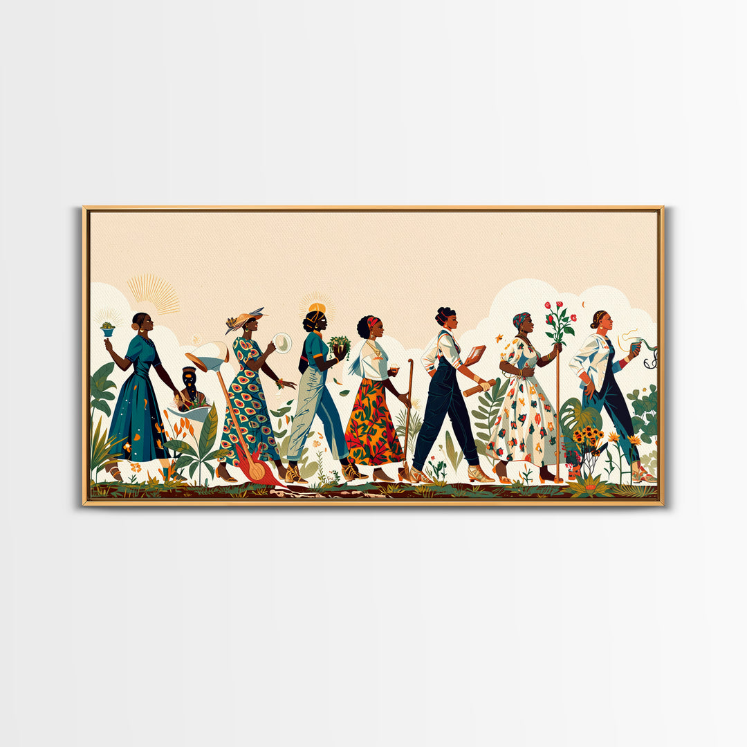 Elegant African Women Procession Wall Art, Floral Ankara Dresses, Feminine Afrocentric Decor, Black Woman Art Gift For Her