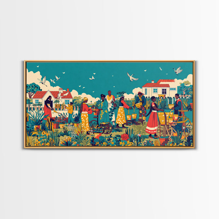 Joyful African Village Garden Canvas Print, Black Women Community Scene, Colorful Afrocentric Wall Decor, Housewarming Gift
