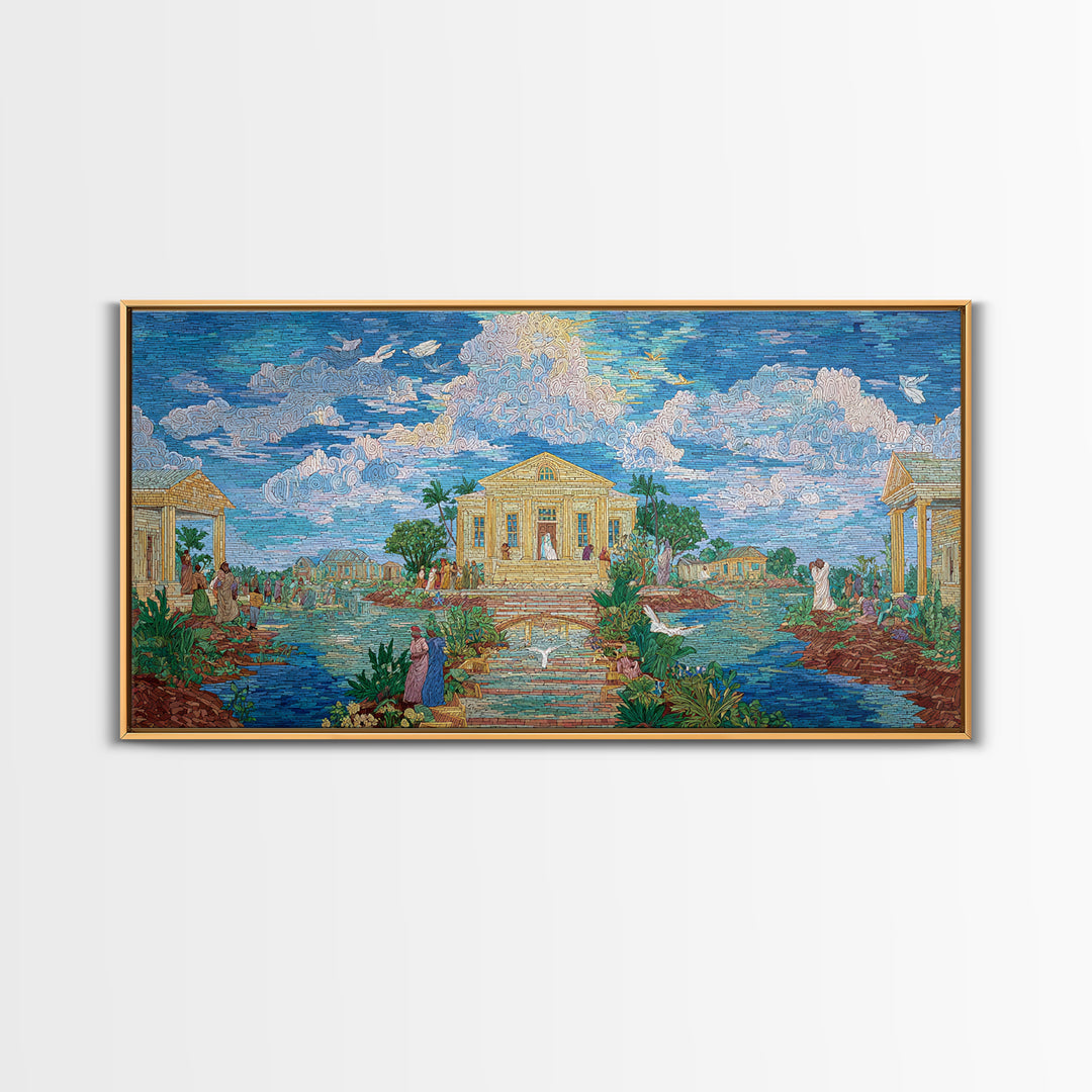 Dreamy Temple Lake Landscape Wall Art, Blue Impressionist Nature Scene, Spiritual African Inspired Decor, Elegant Home Gift