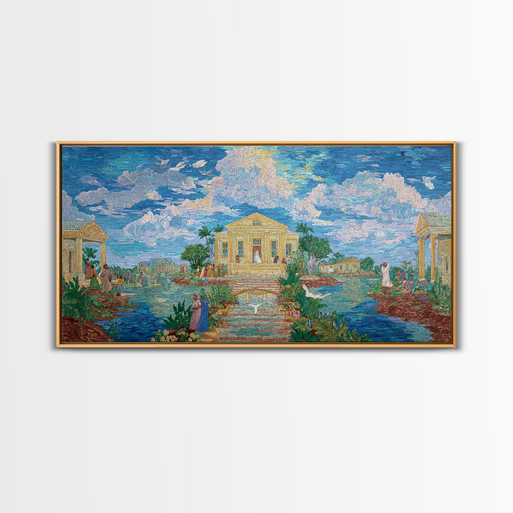 Dreamy Temple Lake Landscape Wall Art, Blue Impressionist Nature Scene, Spiritual African Inspired Decor, Elegant Home Gift
