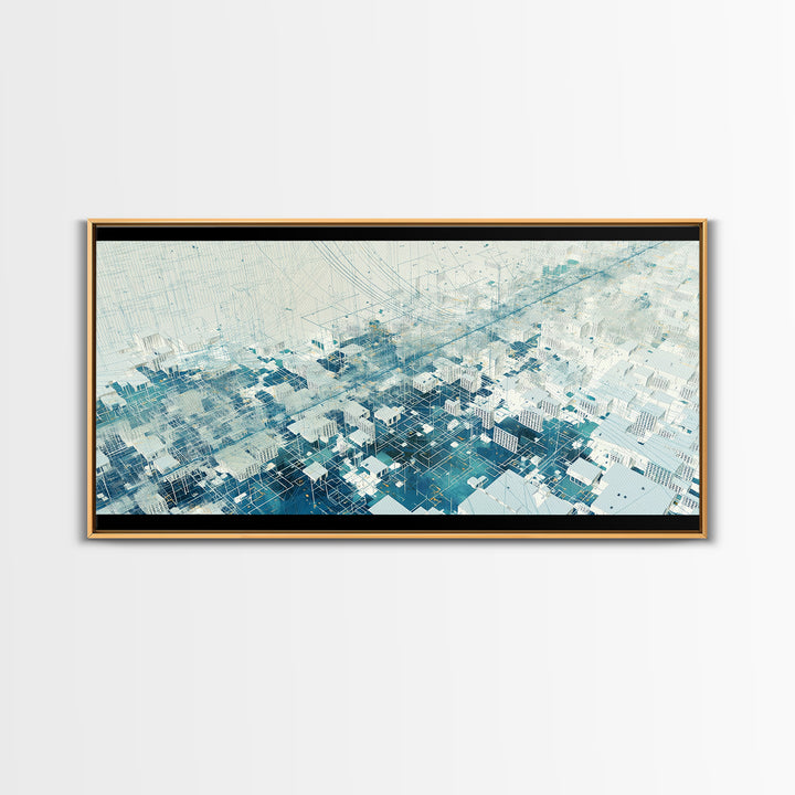 Abstract Blue City Grid Canvas Print, Minimalist Digital Landscape, Modern Wall Art, Cool Geometric Office Decor Art Gift