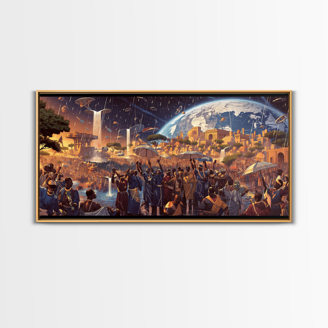Afrofuturist African City Celebration Framed Canvas Print, Black Culture Art, Afrocentric Wall Art, Bold Home Decor, Statement Piece
