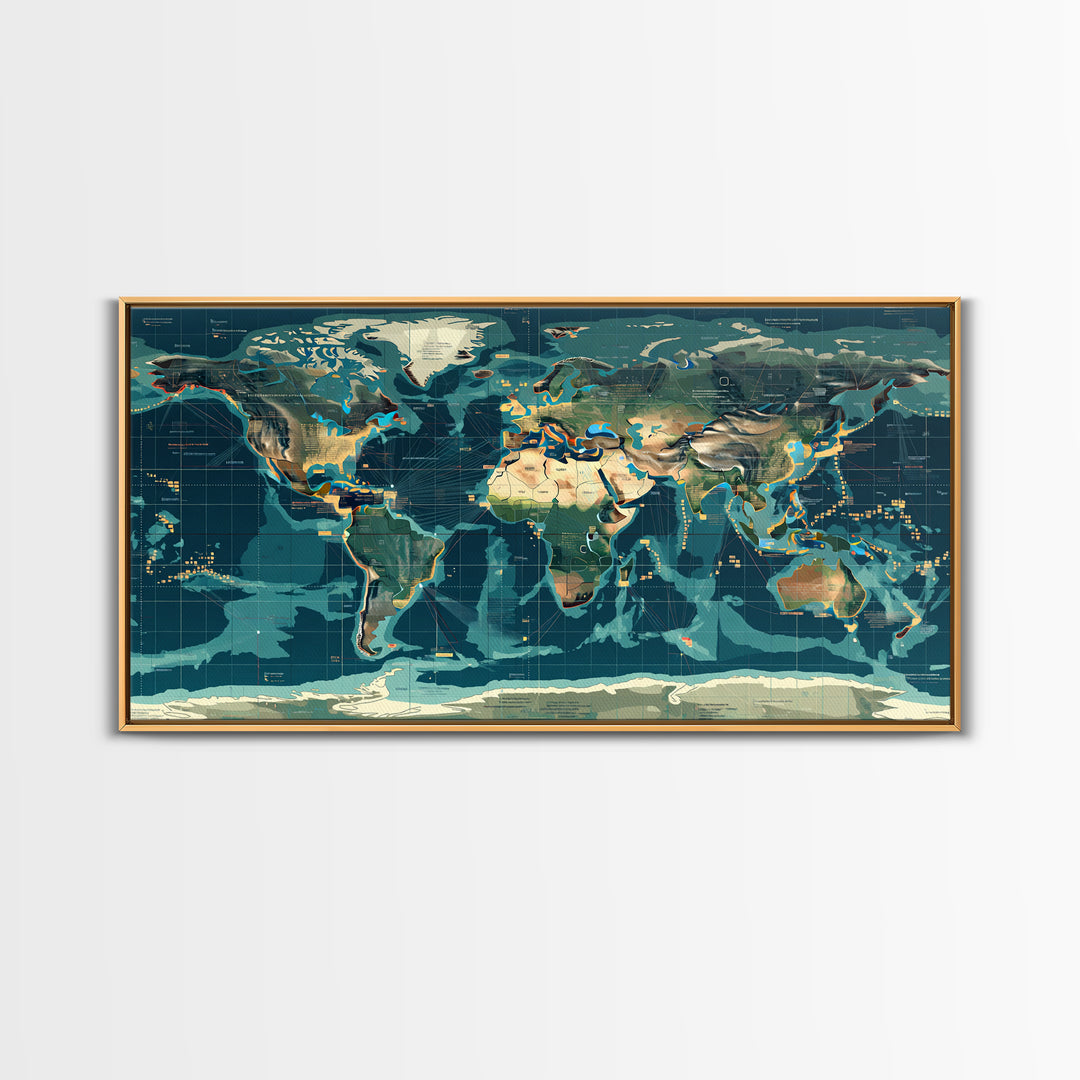 Teal Illustrated World Map Wall Art, Digital Art, Office Decor, Modern Wall Decor, Large Canvas Wall Art, Gift For Travelers