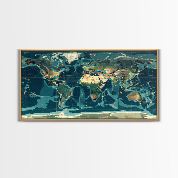 Teal Illustrated World Map Wall Art, Digital Art, Office Decor, Modern Wall Decor, Large Canvas Wall Art, Gift For Travelers