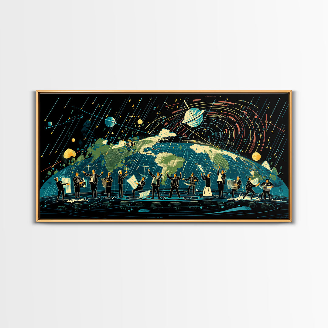 Cosmic Orchestra Over Earth Canvas Print, Digital Art, Modern Wall Art, Music Room Decor, Unique Canvas Art, Gift For Him