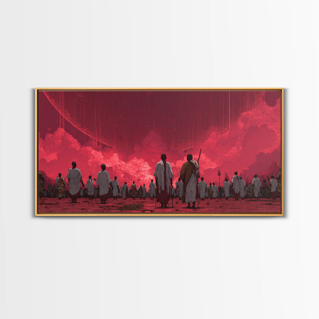 Red Dystopian Pilgrimage Landscape Framed Canvas Print, African Inspired Wall Art, Cultural Art, Bold Living Room Decor, Gift