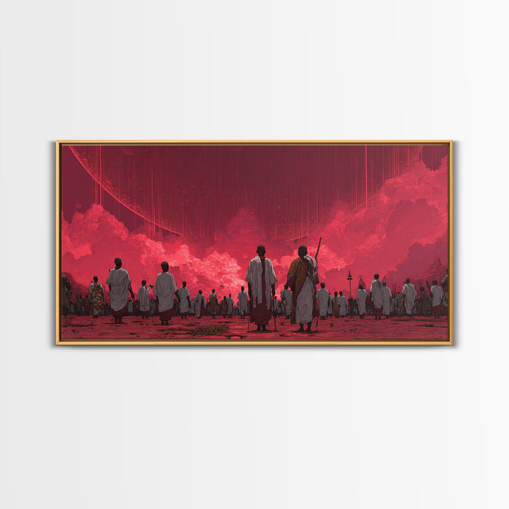 Red Dystopian Pilgrimage Landscape Framed Canvas Print, African Inspired Wall Art, Cultural Art, Bold Living Room Decor, Gift