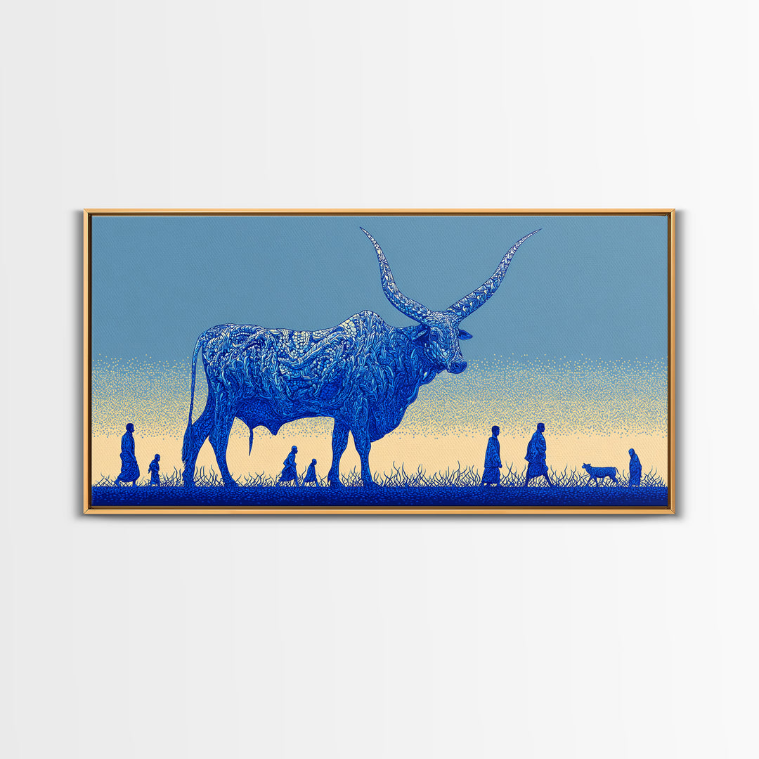 Giant Blue Longhorn Cattle Wall Art, African Animal Art Canvas Print, Safari Decor, Statement Living Room Wall Decor Gift