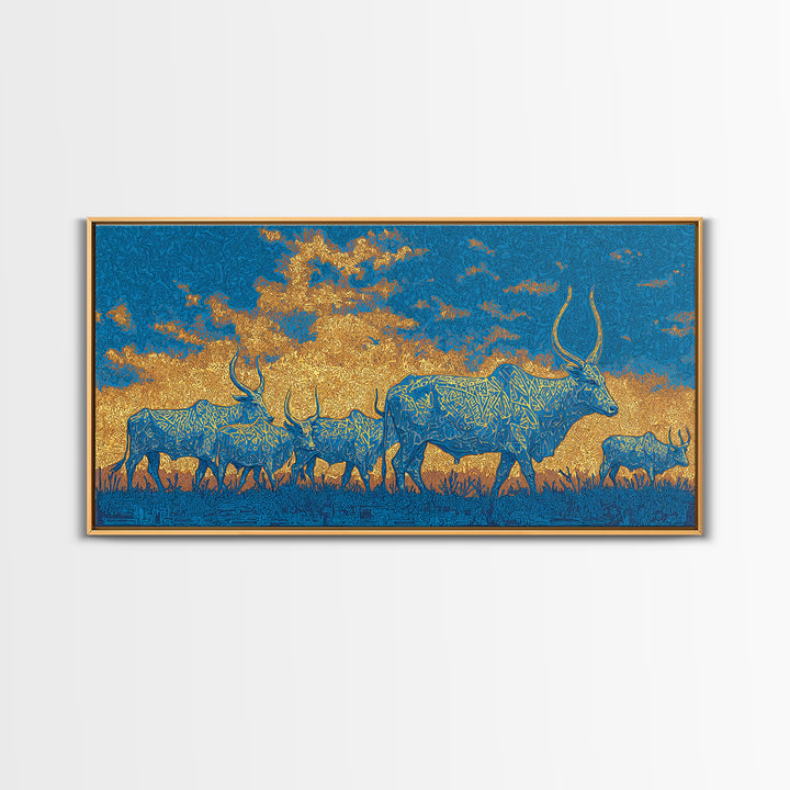 Blue And Gold Watusi Herd Wall Art, African Safari Art Canvas Print, Savanna Landscape, Colorful African Wall Decor Gift