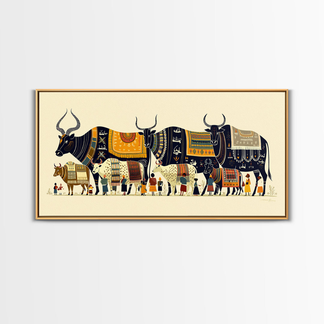 Patterned Watusi Cattle Parade Wall Art, African Fabric Canvas Print, Ankara Decor, Cultural Home Decor Unique Gift For Her