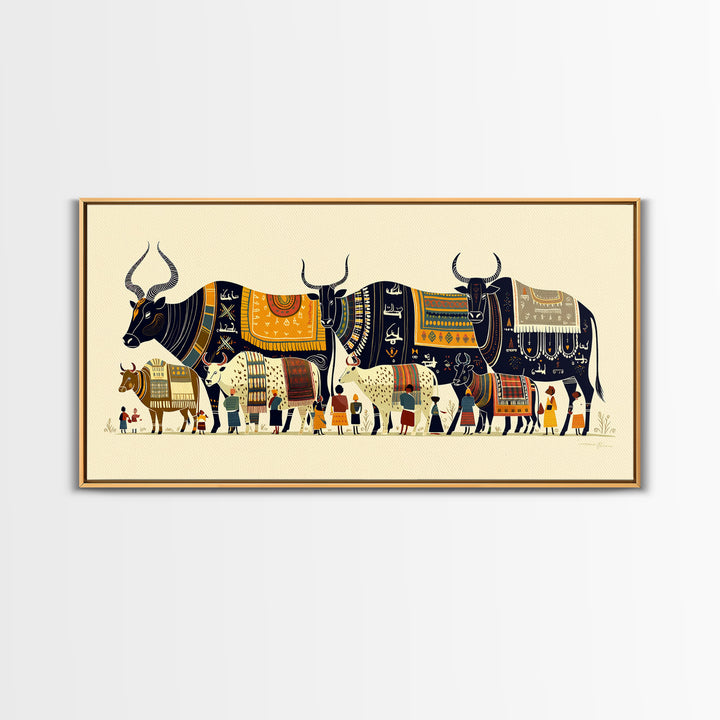 Patterned Watusi Cattle Parade Wall Art, African Fabric Canvas Print, Ankara Decor, Cultural Home Decor Unique Gift For Her