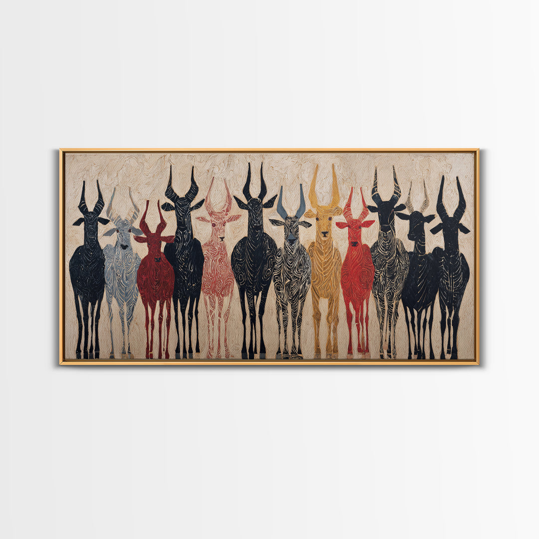Tribal Antelope Herd Wall Art, African Tribal Art Canvas Print, Earth Tone Safari Decor, Bold Ethnic Wall Decor Gift For Home