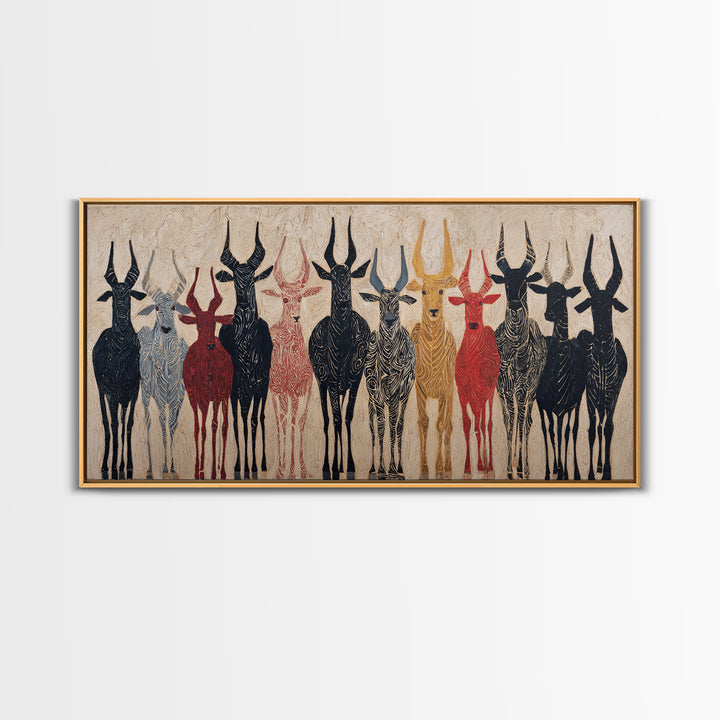 Tribal Antelope Herd Wall Art, African Tribal Art Canvas Print, Earth Tone Safari Decor, Bold Ethnic Wall Decor Gift For Home