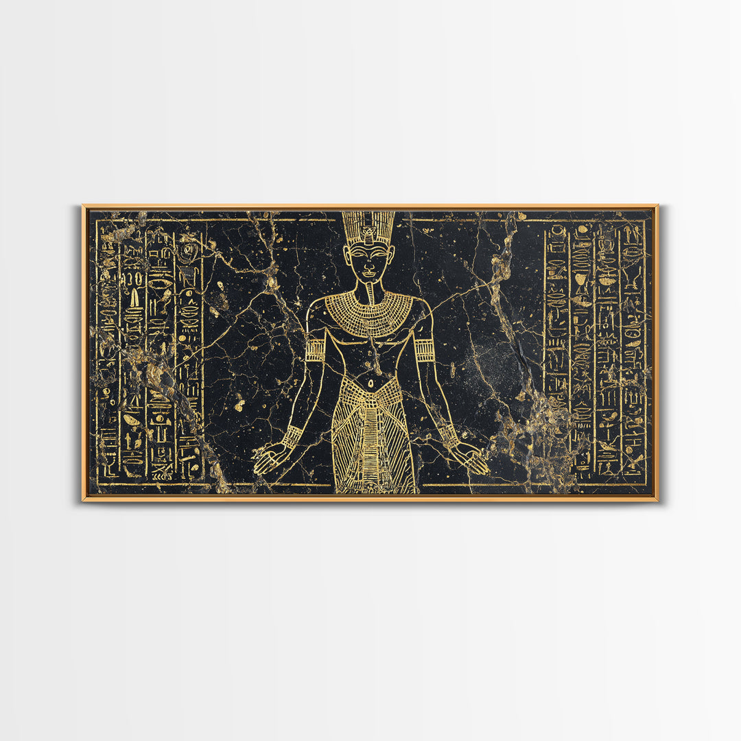 Gold Egyptian Queen Wall Art, African Egyptian Art Canvas Print, Hieroglyph Goddess Portrait, Black And Gold Home Decor Gift