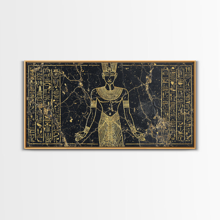 Gold Egyptian Queen Wall Art, African Egyptian Art Canvas Print, Hieroglyph Goddess Portrait, Black And Gold Home Decor Gift