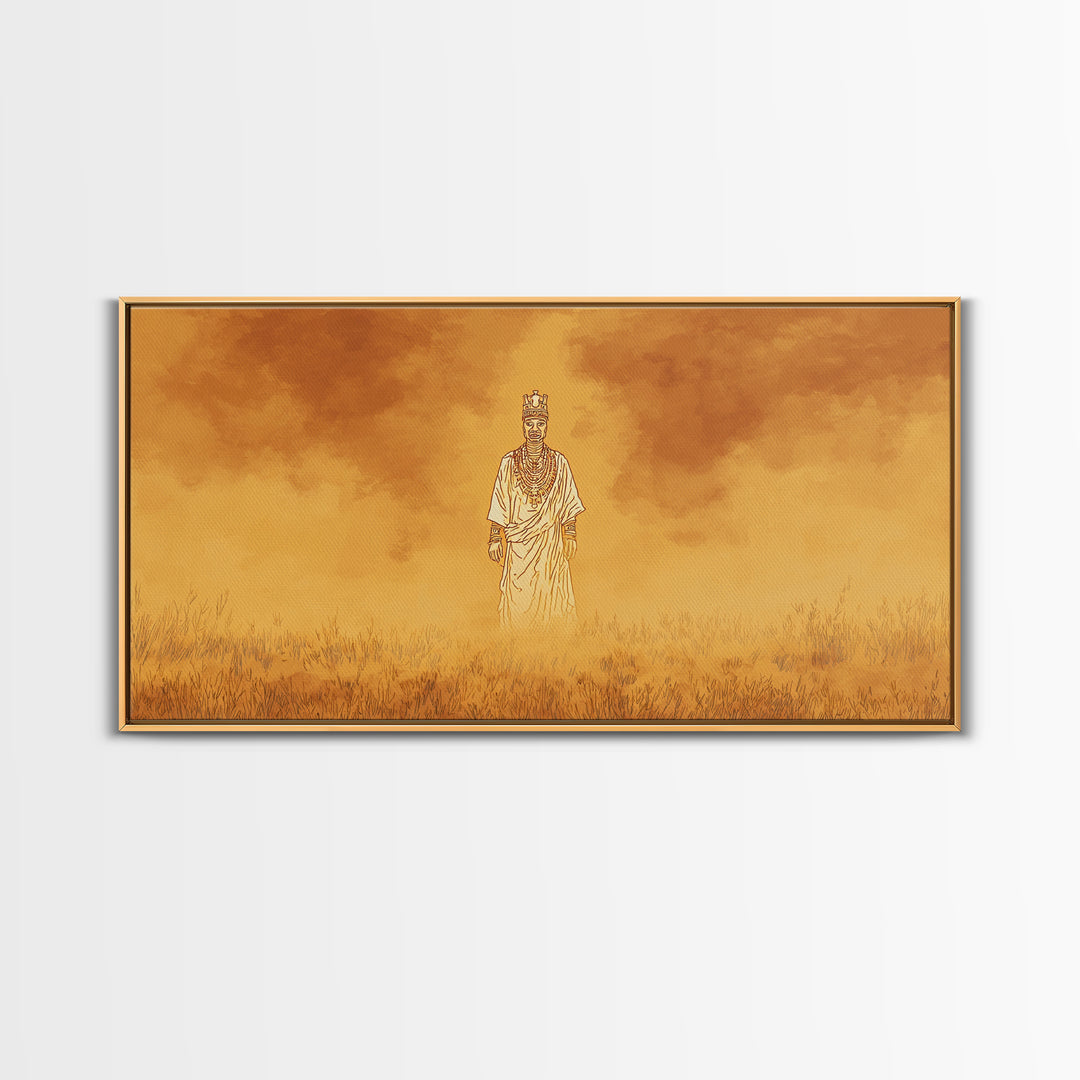 Golden African Spirit Figure Canvas Print, Mystical Savanna Landscape, Earth Tone Afrocentric Decor, Spiritual Wall Art Gift