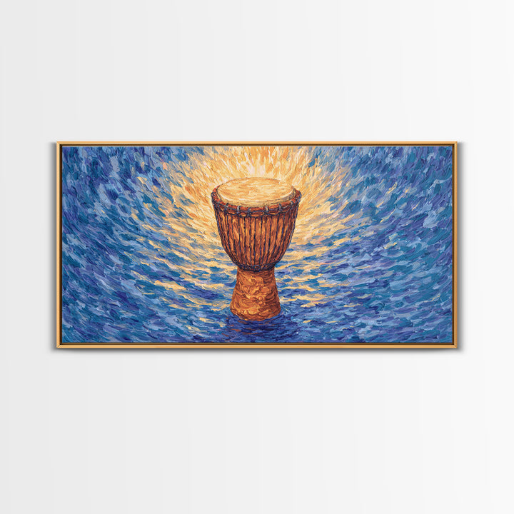 Solo Djembe Drum Framed Canvas Print, African Music Wall Art, Blue Gold Cultural Decor, Afrocentric Rhythm Gift For Living Room
