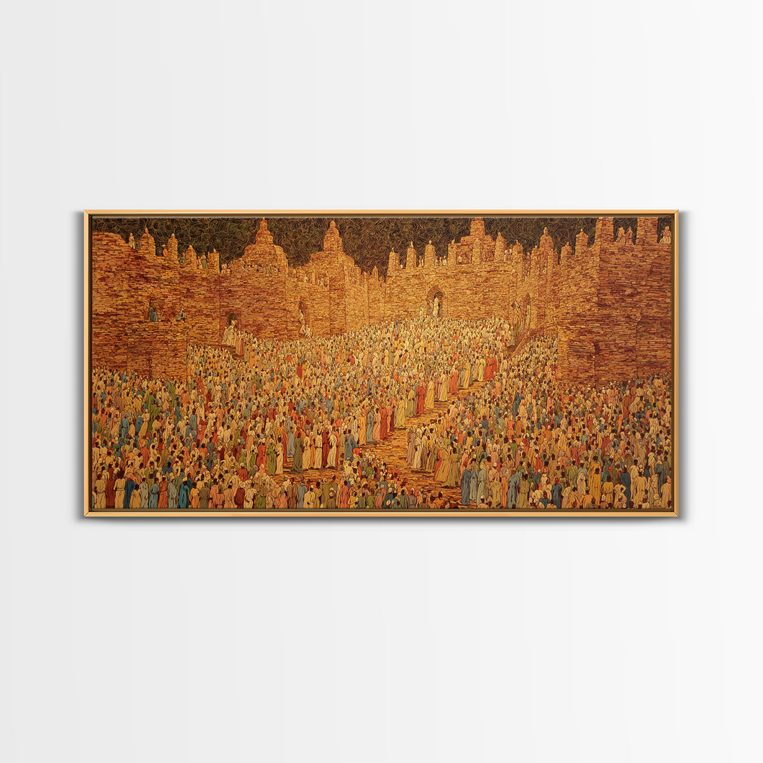 Golden West African City Crowd Canvas Print, Abstract Cultural Wall Decor, Ancient Architecture Art, Warm Earth Tone Gift