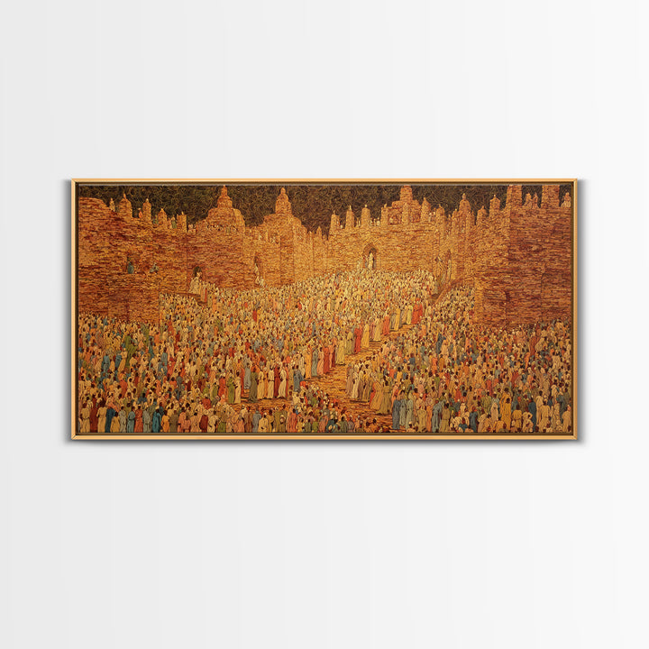 Golden West African City Crowd Canvas Print, Abstract Cultural Wall Decor, Ancient Architecture Art, Warm Earth Tone Gift