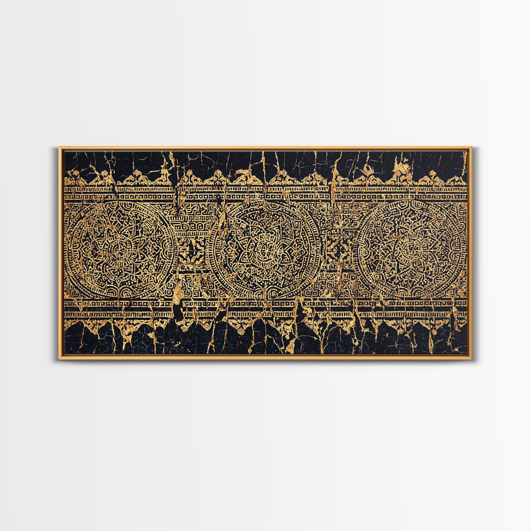 Gold Tribal Pattern Wall Art, African Abstract Textile Print, Black And Gold Decor, Boho Ethnic Home Decor Canvas Print Gift
