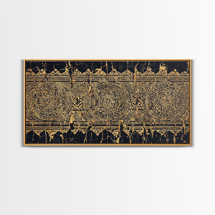 Gold Tribal Pattern Wall Art, African Abstract Textile Print, Black And Gold Decor, Boho Ethnic Home Decor Canvas Print Gift