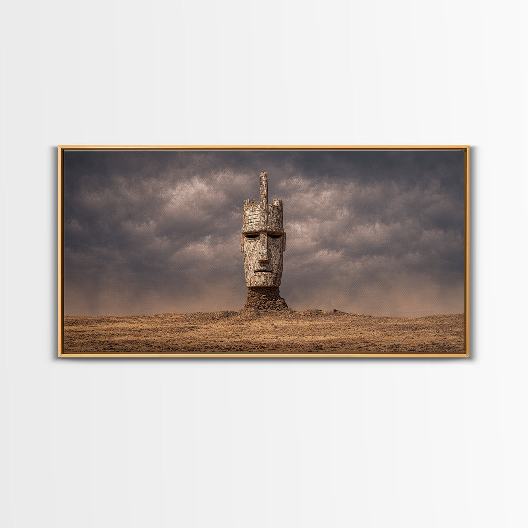 Weathered African Mask Framed Canvas Print, Desert Storm Sculpture Portrait, Tribal Wall Art, Mystical Cultural Decor Gift