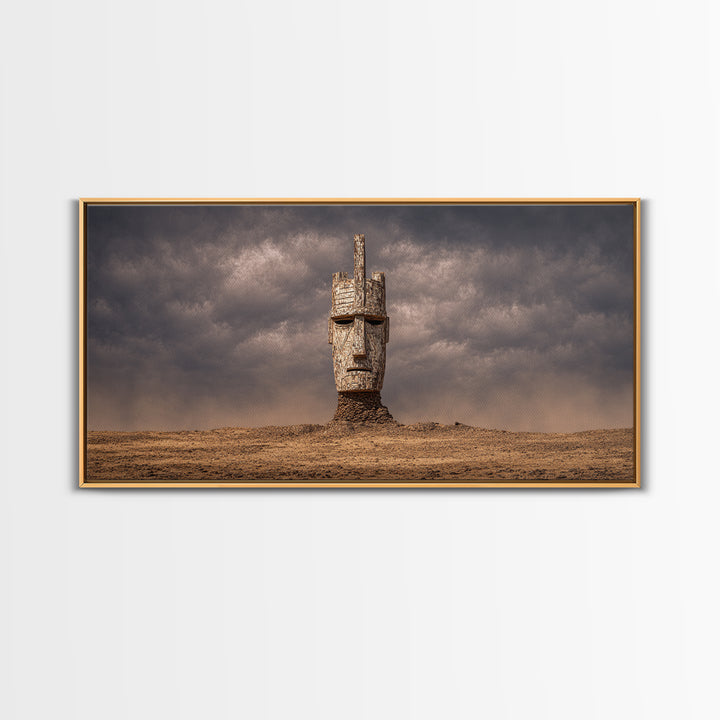 Weathered African Mask Framed Canvas Print, Desert Storm Sculpture Portrait, Tribal Wall Art, Mystical Cultural Decor Gift