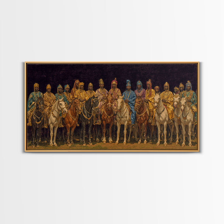 Golden African Royal Horsemen At Night Wall Art, Luxury Afrocentric Canvas Print, Traditional Tribal Decor, Statement Piece