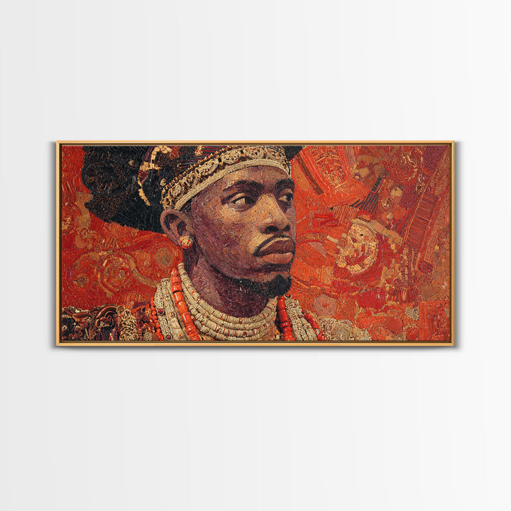 Ornate African Royal Man Portrait Framed Canvas Print, Afrocentric Black Art, Gold Jewelry Canvas, Cultural Heritage Wall Art